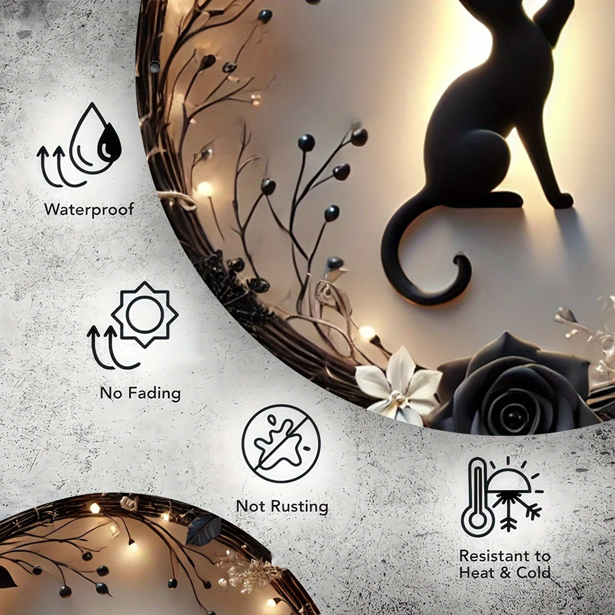 Halloween Black Cat Silhouette Metal Wreath Sign - Aluminum Engraving Wall Decor with Floral Accents for Home, Cafe, Gym, Restroom - Festive Indoor Holiday Art Piece