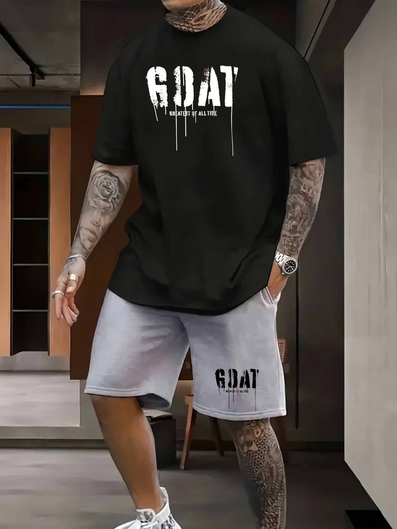 Mens Stylish Goat Print 2pcs Set - Casual Sportswear Outfit with Drawstring Shorts & Short Sleeve Top - Perfect for Spring Summer, Holidays, Leisure, Vacation, and Outdoor Fitness
