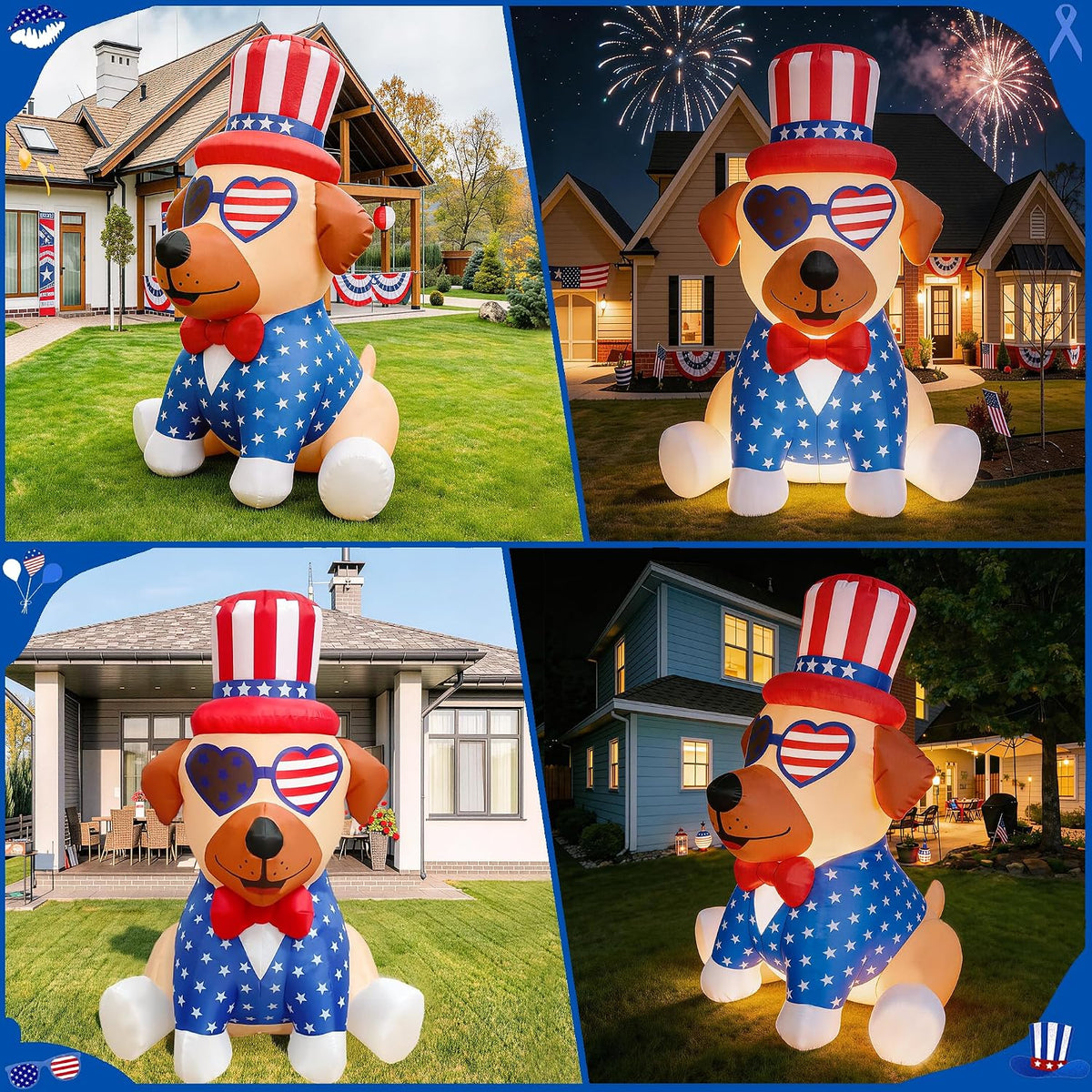 4FT Patriotic Independence Day 4th of July Memorial Day Inflatable Outdoor Decoration, Pug in Uncle Sam Hat, LED Lights Holiday Blow Up for Fourth July Party Garden Yard Lawn Decor