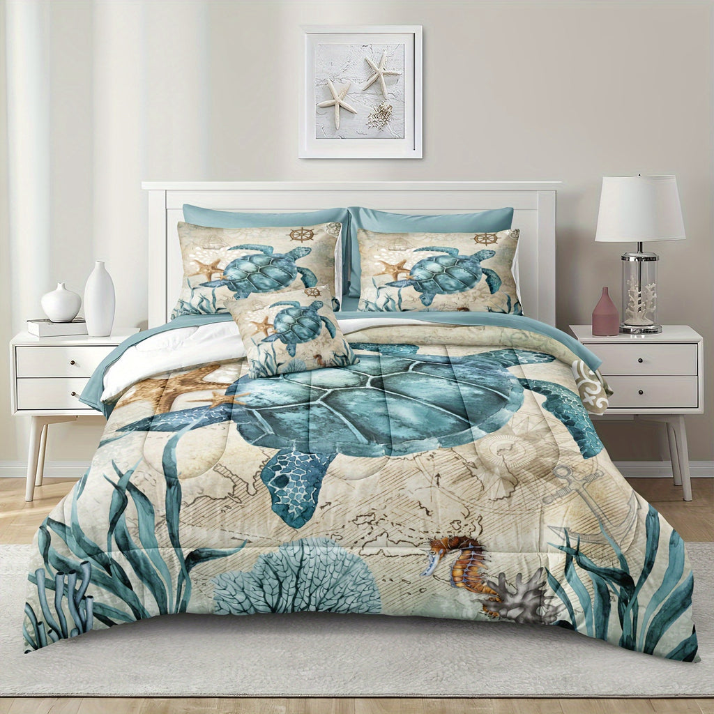 8 Pieces Blue Green Comforter Set Ocean Life Bed In A Bag Turtle Beach Bedding Set Hawaii Style Summer Lightweight Bedding Comforter Set 200g Microfiber Filling Soft Lightweight Comforter Set For All Seasons