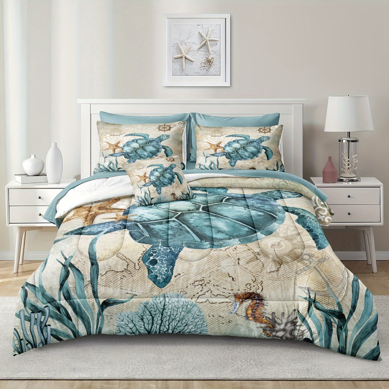 8 Pieces Blue Green Comforter Set Ocean Life Bed In A Bag Turtle Beach Bedding Set Hawaii Style Summer Lightweight Bedding Comforter Set 200g Microfiber Filling Soft Lightweight Comforter Set For All Seasons