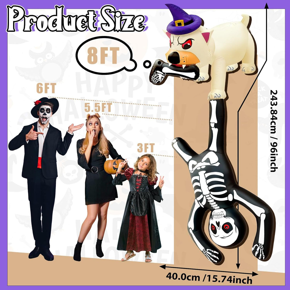 8FT LED Illuminated Halloween Inflatable Dog Pulling Skeleton Decor