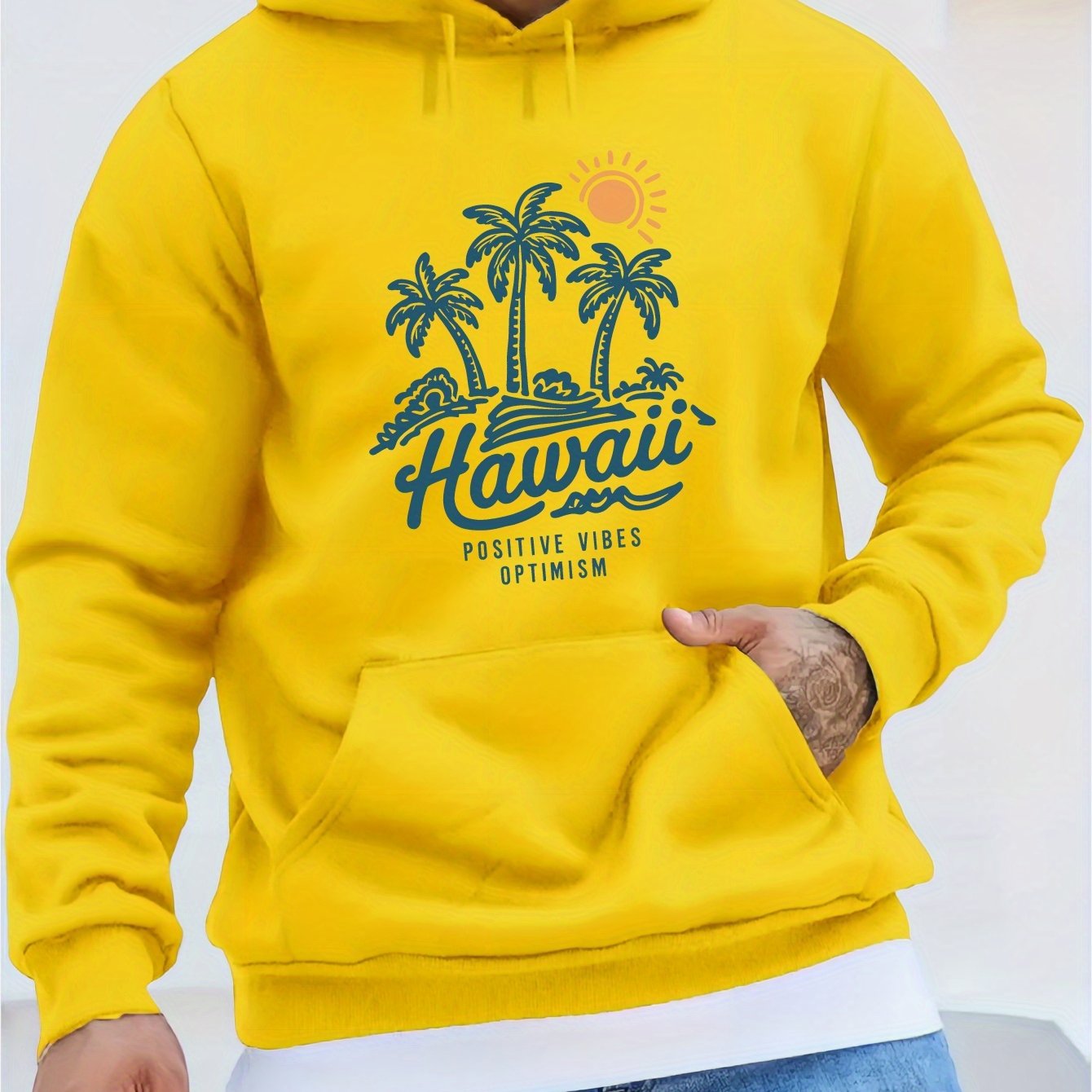 Men'S Casual Long Sleeve Hoodie, 100% Polyester Knit Fabric, Winter Warmth with "Hawaii Positive Vibes Optimism" Print, Regular Fit with Slight Stretch, 200gsm - Fashionable Gift for Men