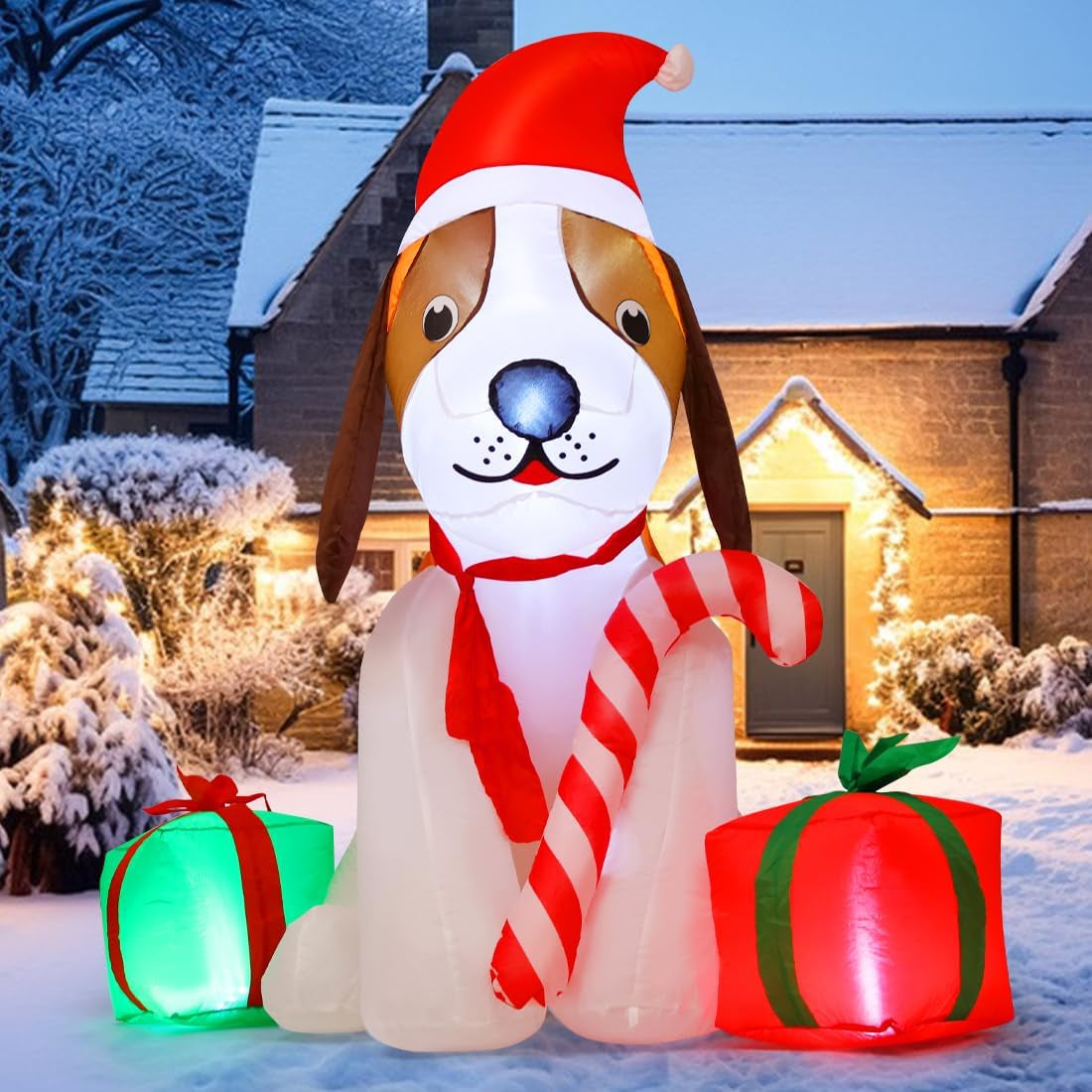 5 FT Inflatable Christmas Beagle Dog Outdoor Decoration with Gift Box and Built-in LEDs for Holiday Party and Garden Lawn Decor