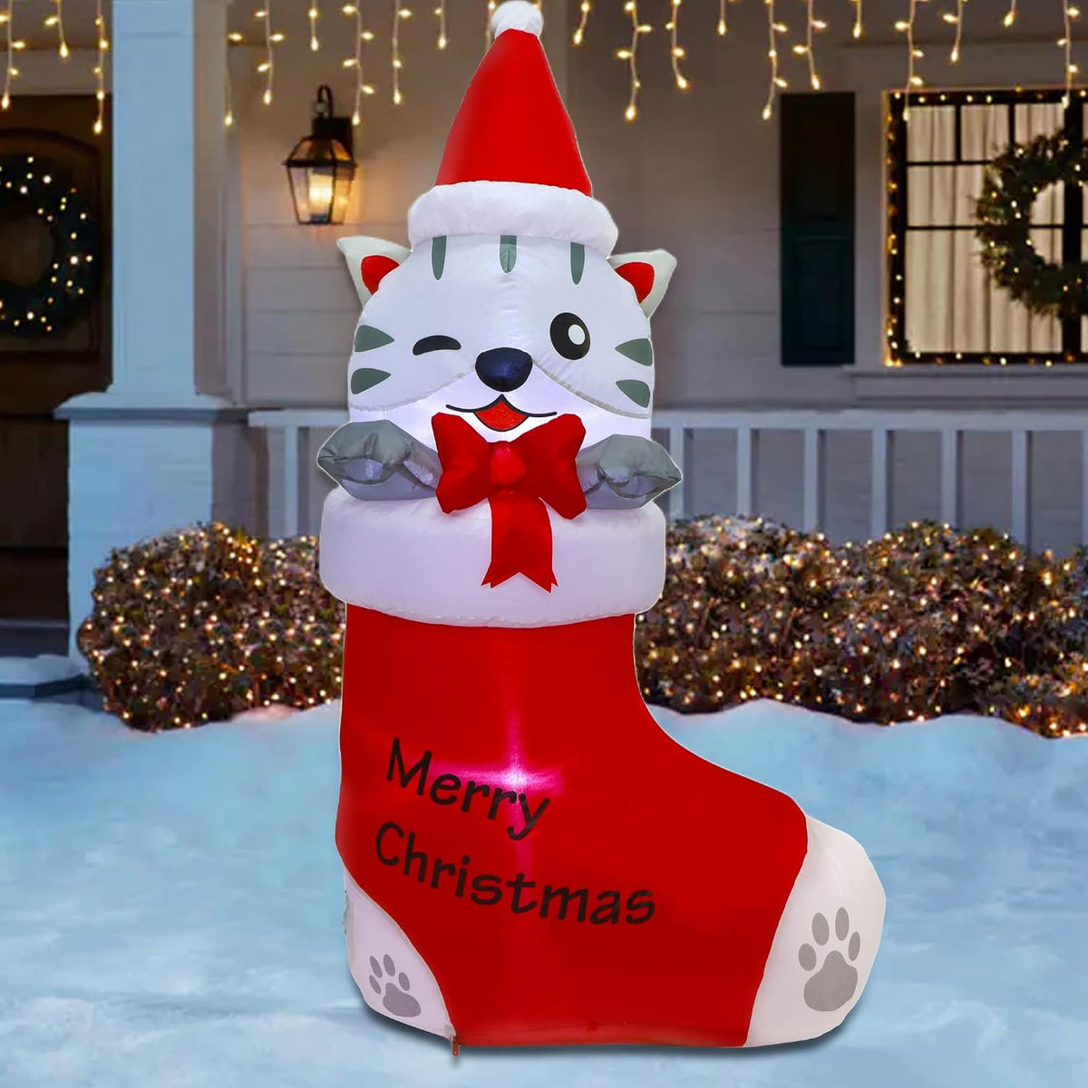 5 FT Inflatable Christmas Decoration - Lighted Kitten in Christmas Stocking for Outdoor Lawn and Garden Decor
