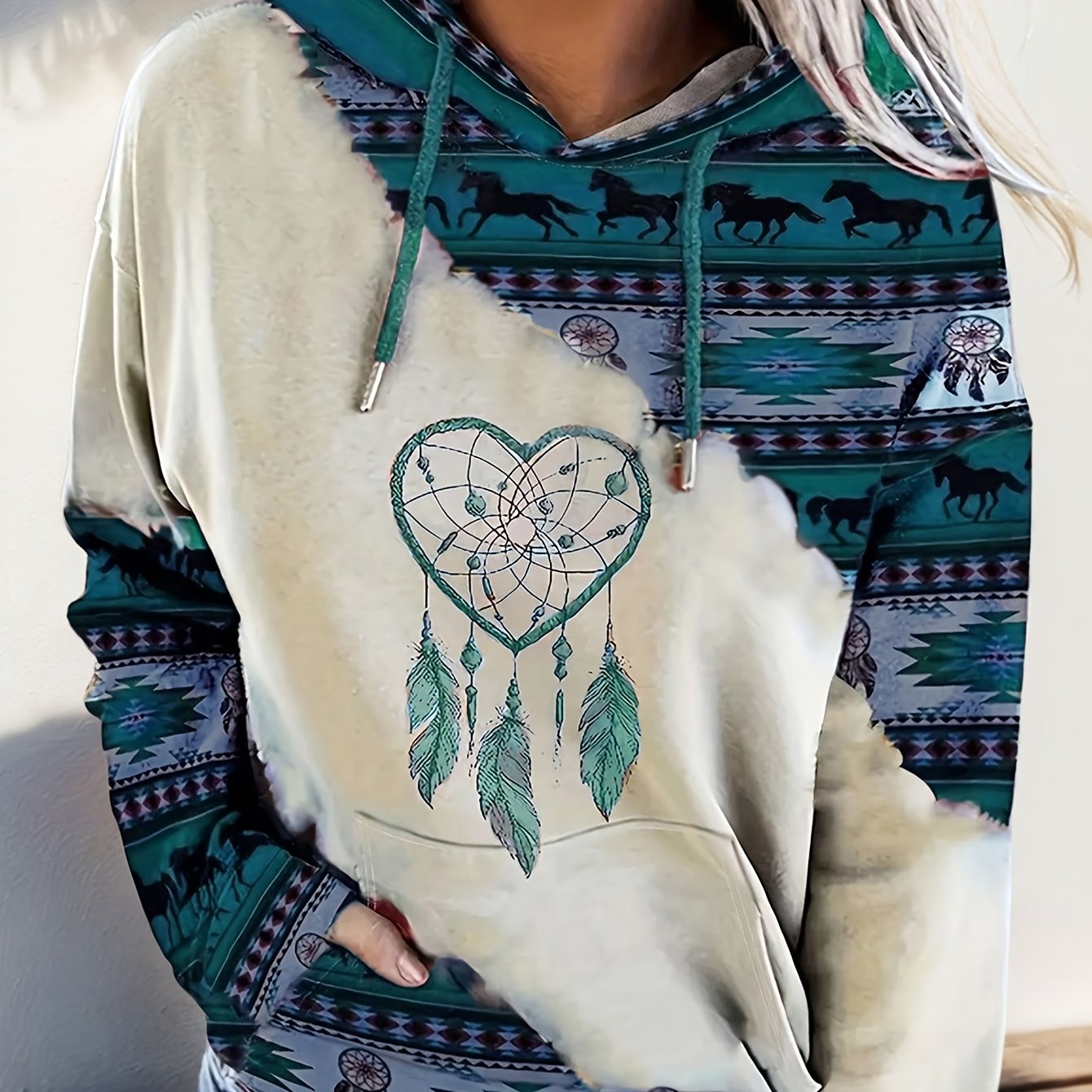 Women's Boho-Chic Western Hoodie with Dreamcatcher & Horse Print - Vintage-Inspired Casual Pullover in Beige, Purple, and White, Polyester Blend, Machine Washable