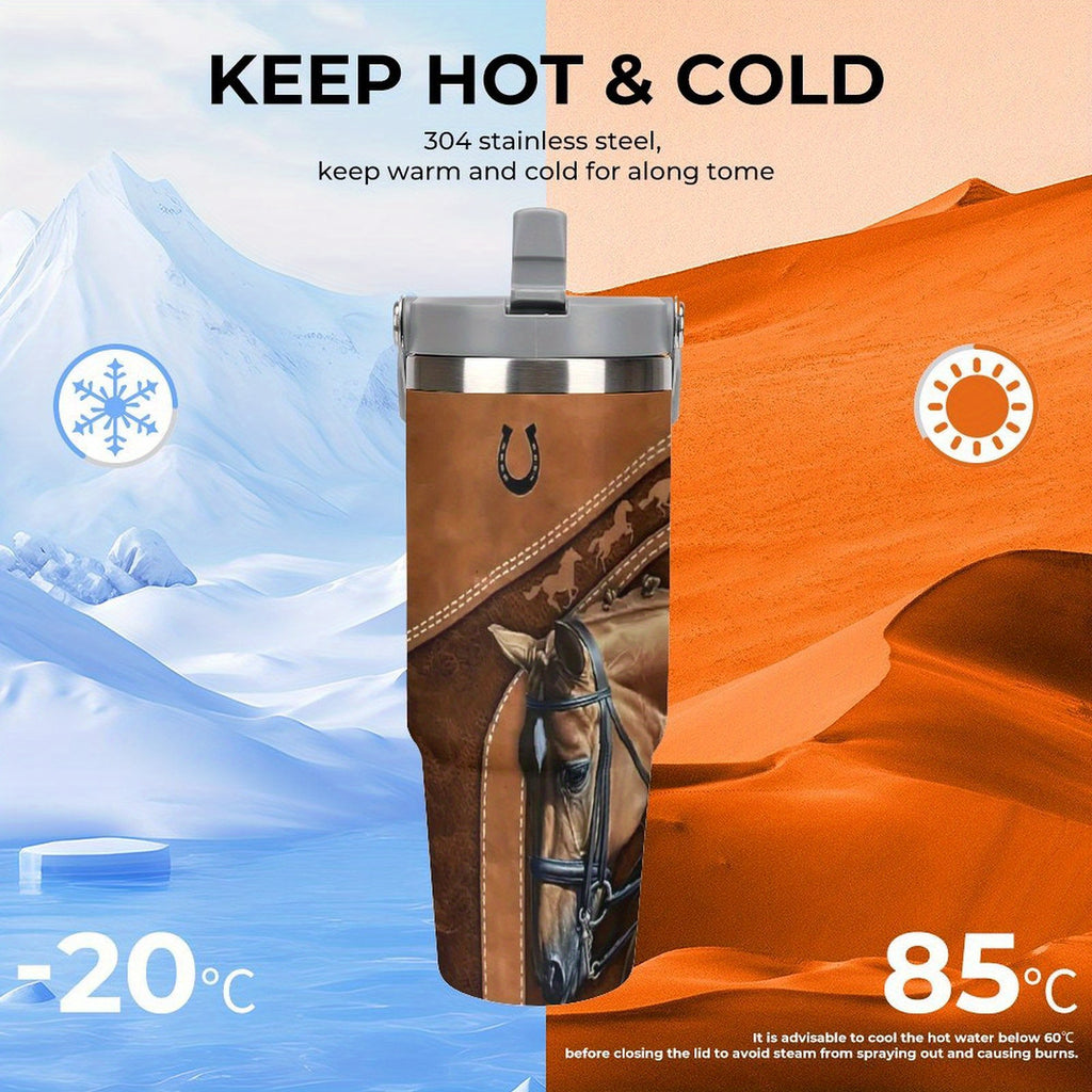 1pc Western Horse Design 30oz Insulated Stainless Steel Tumbler with Lid - Double Wall Travel Coffee Mug, Ideal for Christmas & Holidays, Reusable, Hand Wash Only