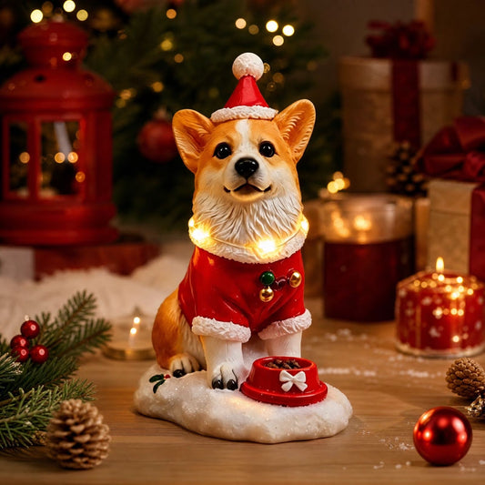 Christmas Corgi Figurine with LED Lights and Music - Resin Tabletop Decor for Home, Living Room, Bedroom, Office, and Parties