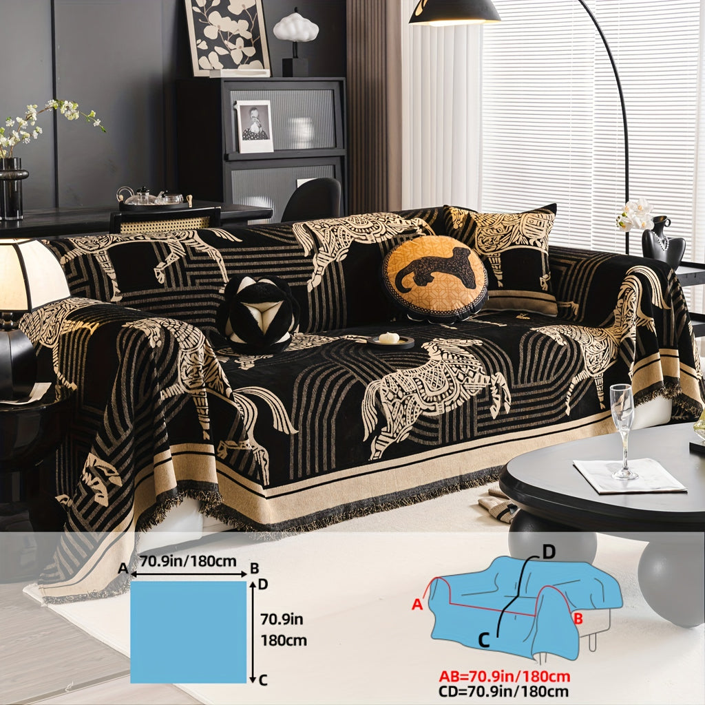 Luxurious Chenille Sofa Cover with Horse Design - Dual-Tone, Pet-Friendly & Machine Washable for Armchairs to L-Shaped Couches - Modern Home Decor Gift
