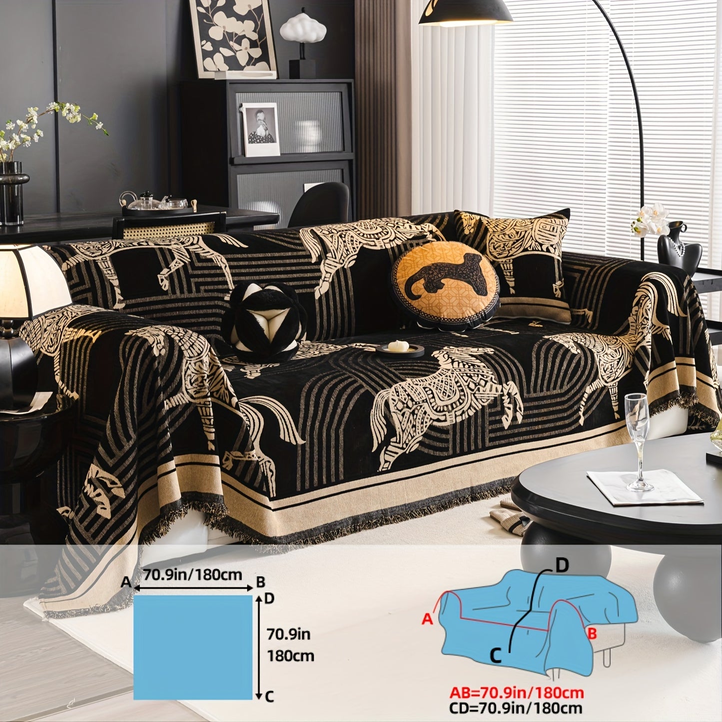 Luxurious Chenille Sofa Cover with Horse Design - Dual-Tone, Pet-Friendly & Machine Washable for Armchairs to L-Shaped Couches - Modern Home Decor Gift