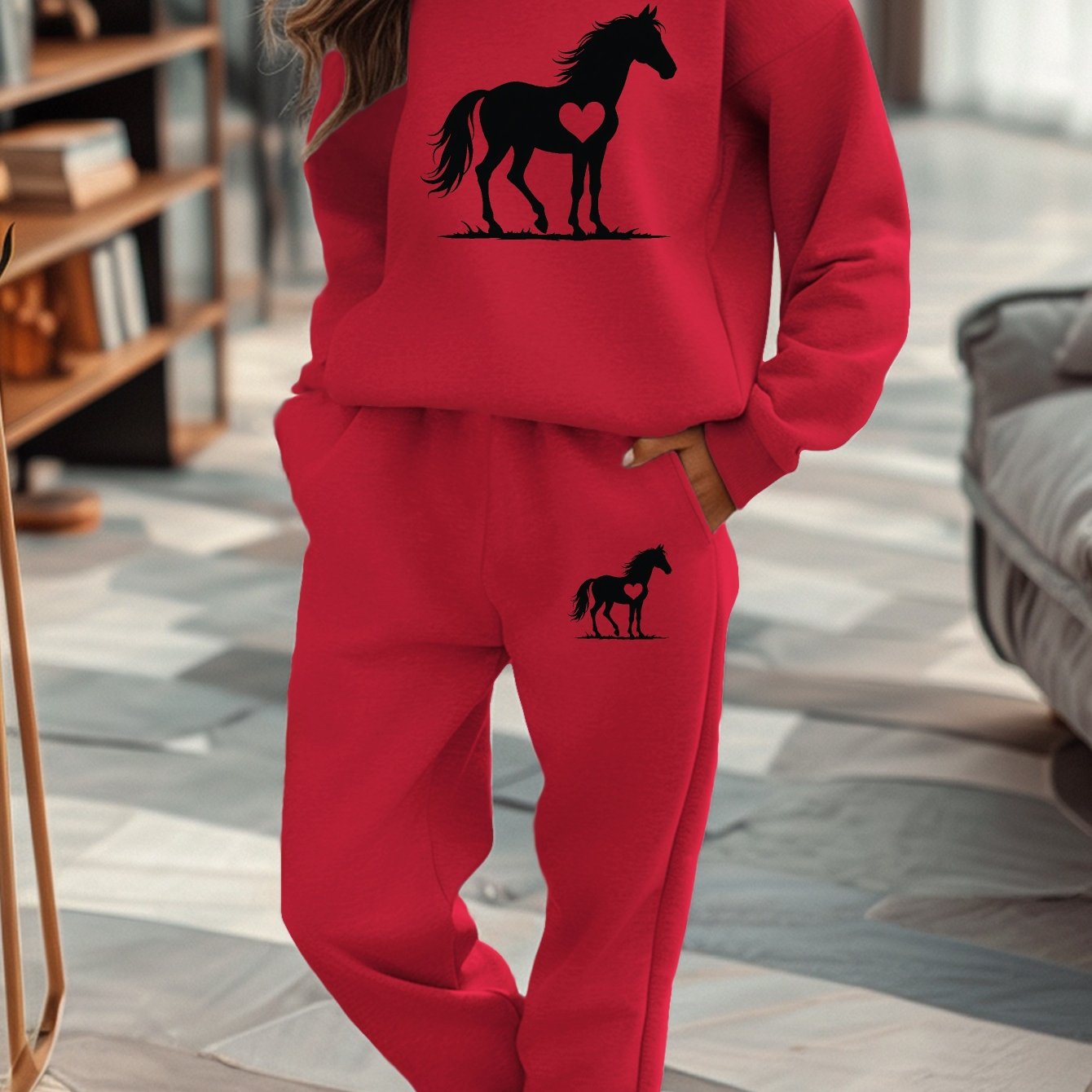 Women'S Casual Fall/Winter Horse Silhouette Sweatshirt and Sweatpants Set - Gray with Black Horse Design, Cozy Sweatpants for Relaxation, Comfortable Clothing | Stylish Horse Print | Cozy Sweatpants