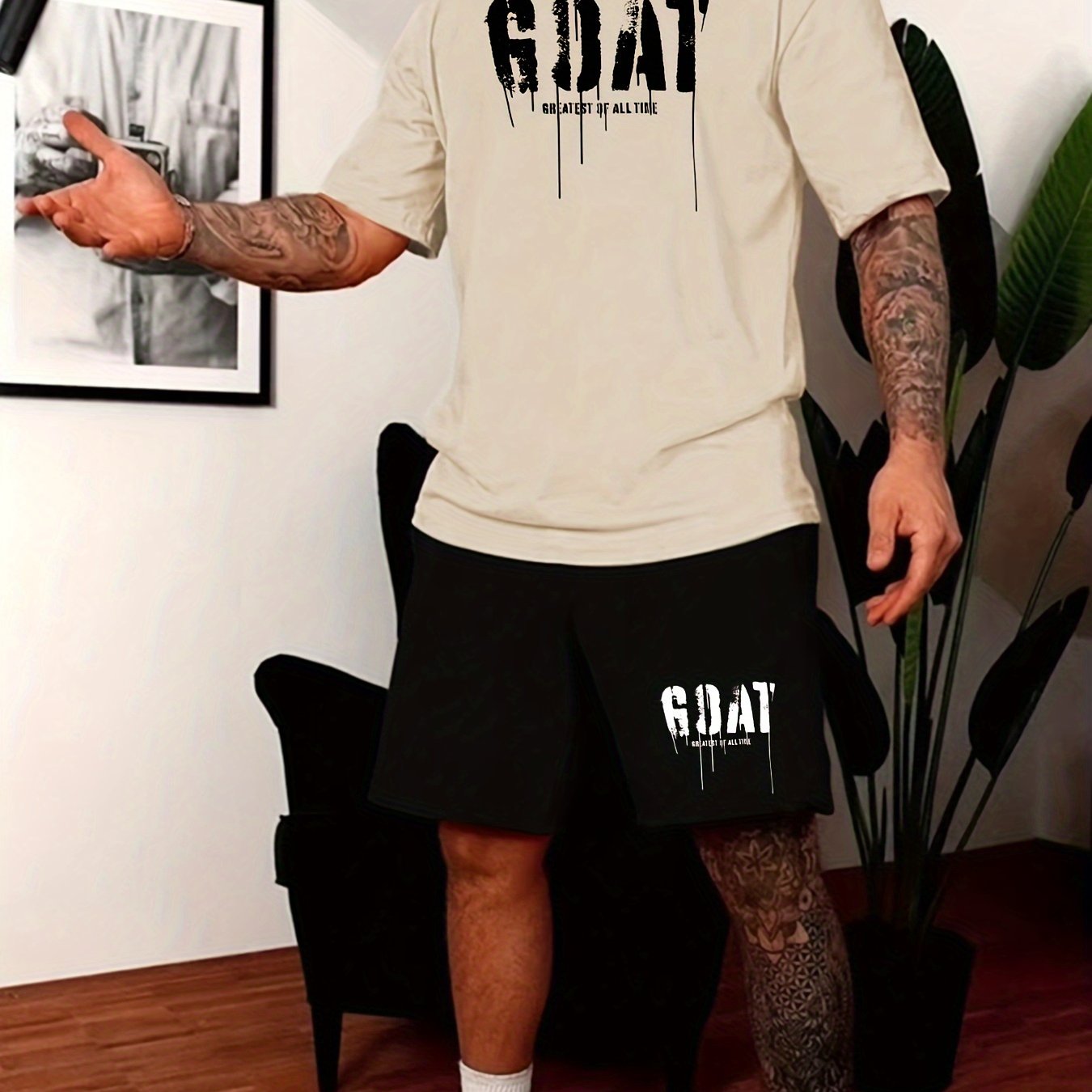 Mens Stylish Goat Print 2pcs Set - Casual Sportswear Outfit with Drawstring Shorts & Short Sleeve Top - Perfect for Spring Summer, Holidays, Leisure, Vacation, and Outdoor Fitness