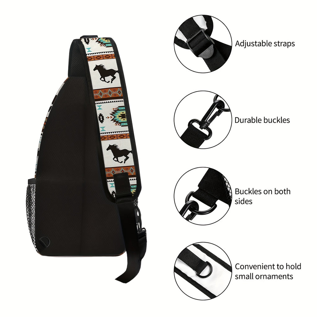 Totem Style Horse Pattern Print Casual Sling Bag, Men's And Women's Crossbody Bag For Travel & Daily Commute