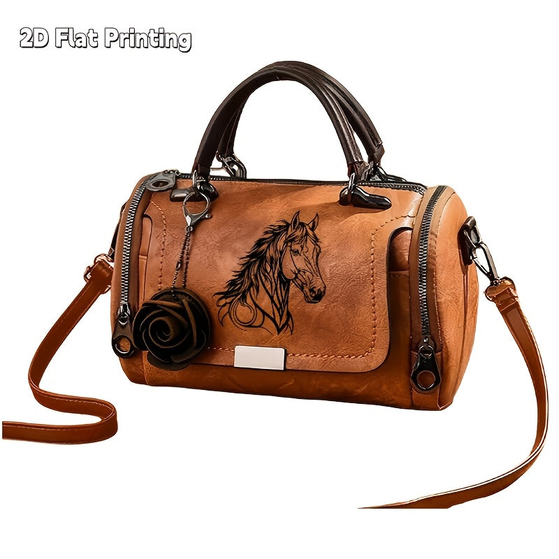 1pc Retro Handbag | Horse Pattern Classic Single-Shoulder Bag with Rose Pendant, Crossbody, Lining, Zipper Closure, Adjustable Strap, Suitable for Commuting, Business Trips, Light Luxury Small Bag, Christmas Gift