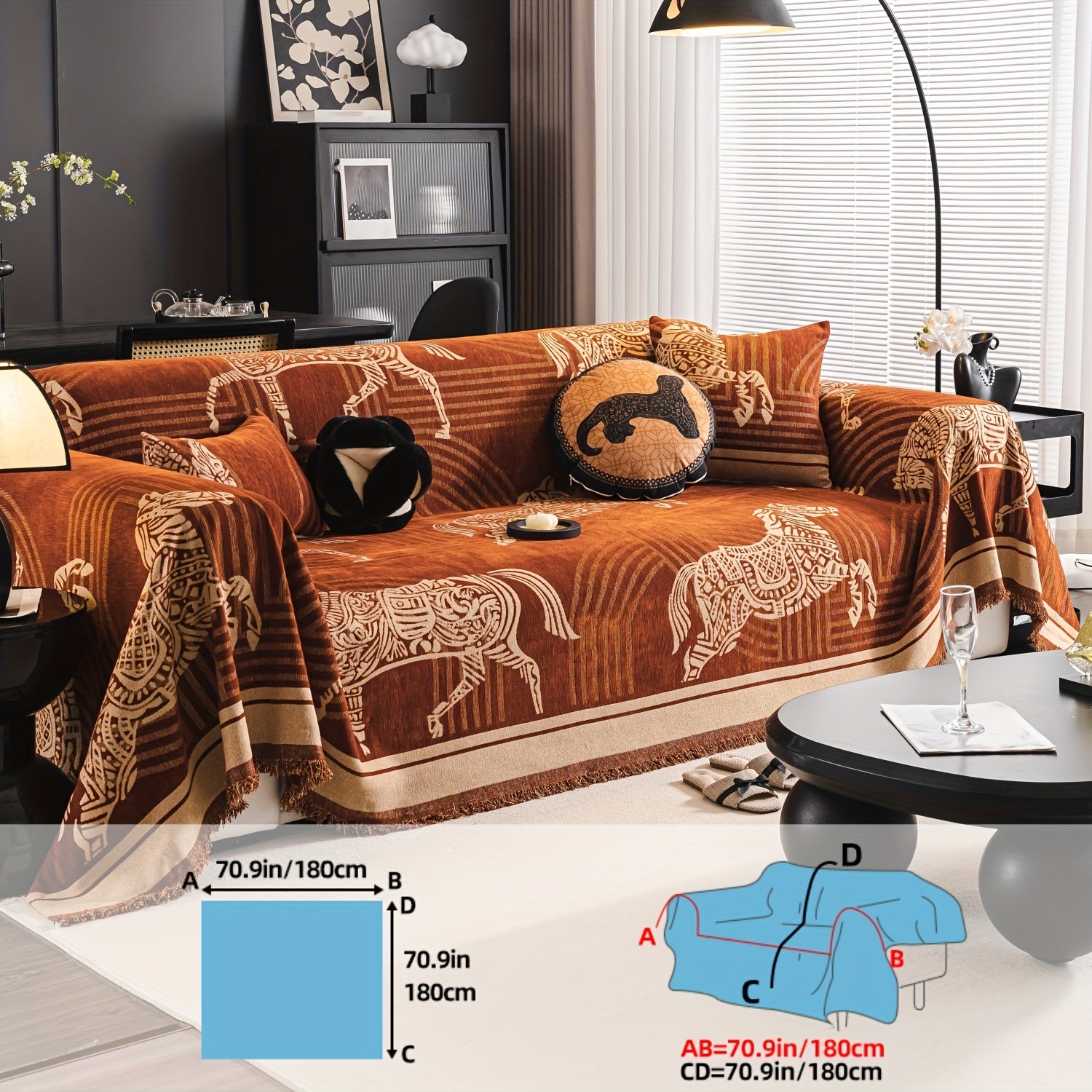 Luxurious Chenille Sofa Cover with Horse Design - Dual-Tone, Pet-Friendly & Machine Washable for Armchairs to L-Shaped Couches - Modern Home Decor Gift