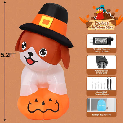 5.2 FT Thanksgiving Inflatables Dog Outdoor Decorations Blow Up Yard Cute Puppy Standing on a Pumpkin with Pilgrim Hat with Built-in LEDs for Garden Lawn Indoor Party Decor