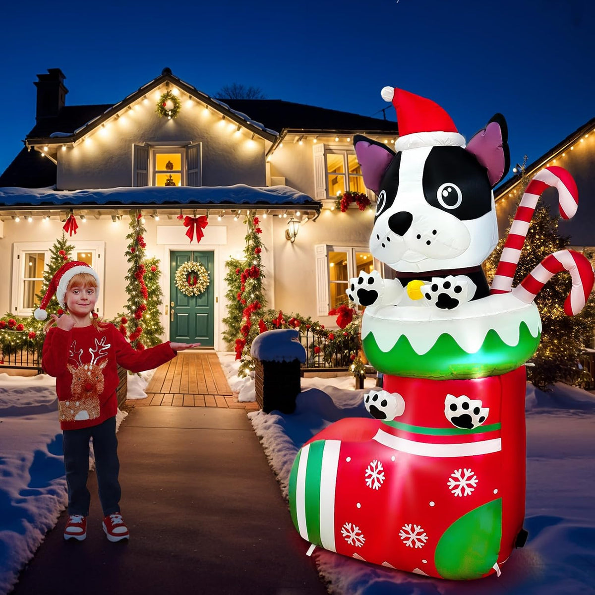 6FT Inflatable Christmas Dog in Stocking with LED Lights and Candy Cane - Outdoor Holiday Yard Decoration for Parties and Gardens