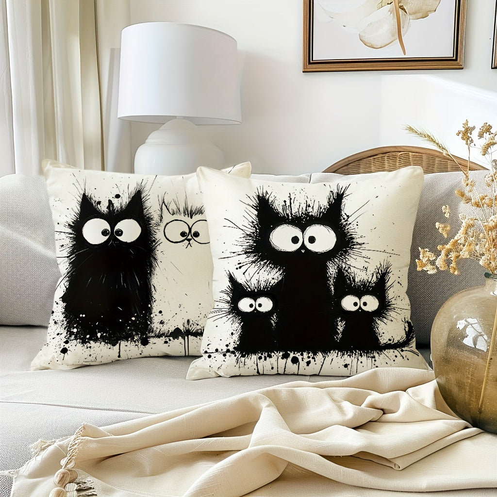 4pcs Boho Chic Black Cat Throw Pillow Covers, 18x18 Inches - Decorative Cushion Cases for Sofa & Bedroom, Zip Closure, Hand Wash Only - Perfect for Farmhouse Style Home Decor, Decorative Pillows