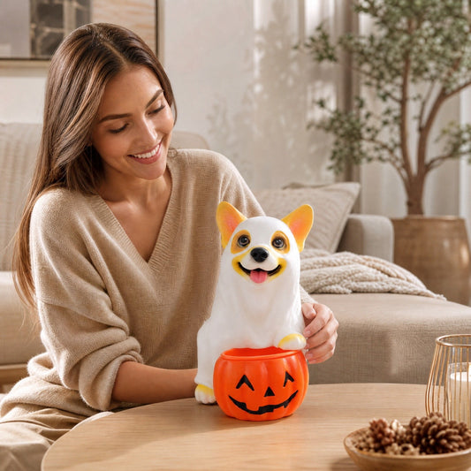 Halloween Ghost Corgi Candy Bowl - 9.84x6.30in Resin Puppy Statue with Pumpkin Candy Jar for Trick-or-Treat Storage, Ideal for Tabletop and Kitchen Counter Halloween Décor