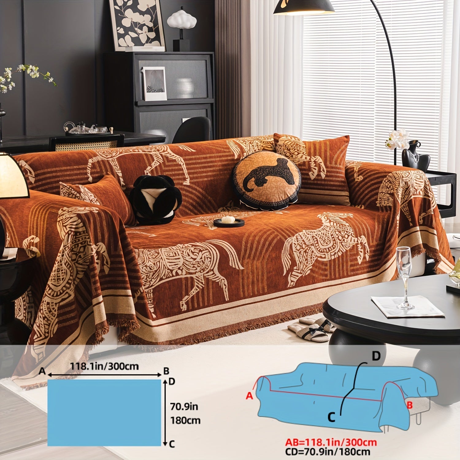Luxurious Chenille Sofa Cover with Horse Design - Dual-Tone, Pet-Friendly & Machine Washable for Armchairs to L-Shaped Couches - Modern Home Decor Gift