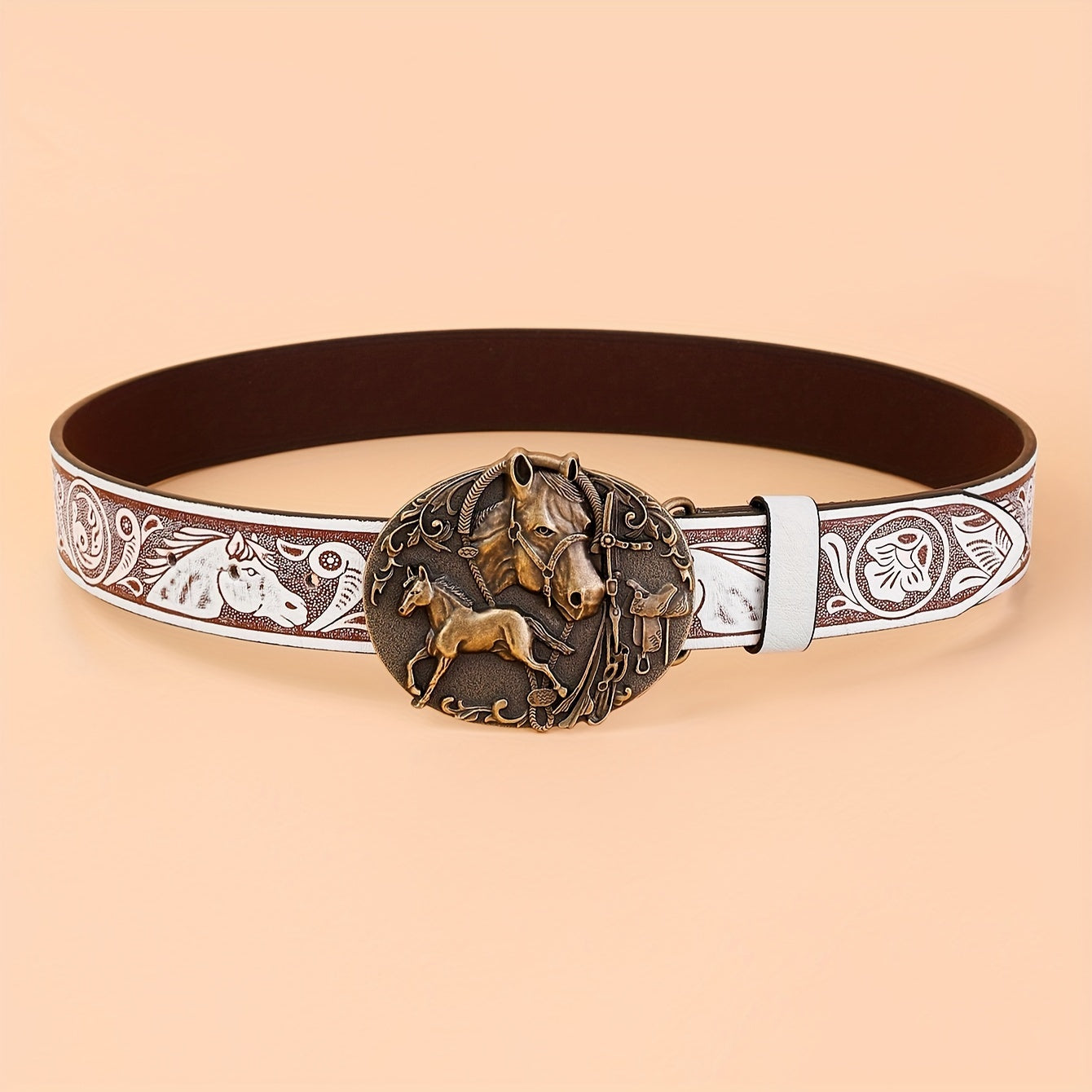 Western Horse Carved Buckle Belts Vintage Embossed Solid Color PU Waistband Classic Cowboy Cowgirl Jeans Pants Belt For Women & Men