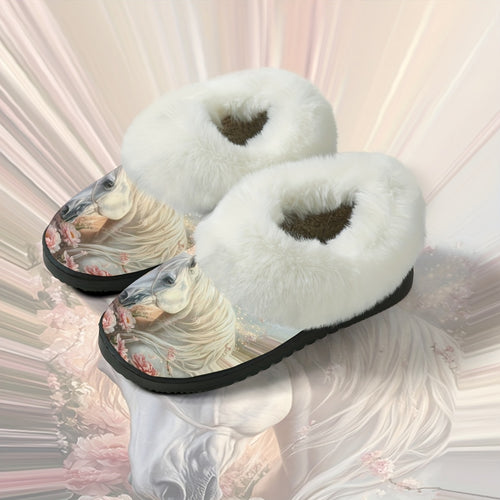1 Pair Elegant White Horse & Floral Print Plush Slippers - Soft, Non-Slip Rubber Sole, All-Season Indoor/Outdoor House Shoes, Women'S Birthday/Christmas/Halloween Gift - Cozy Home Footwear for Women, Horse Lover Gifts, Indoor