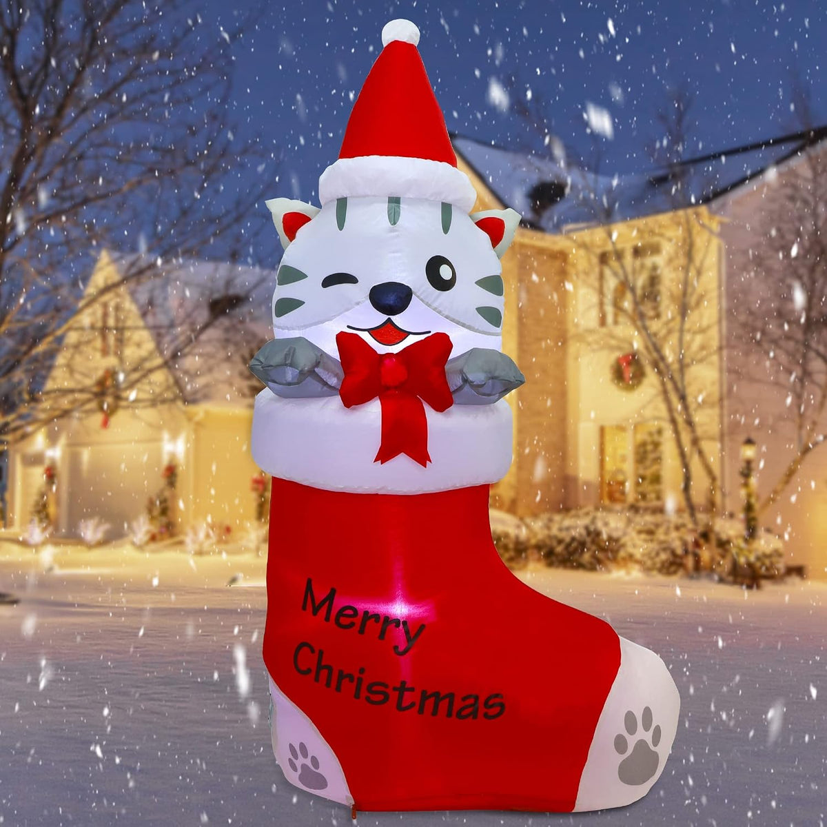 5 FT Inflatable Christmas Decoration - Lighted Kitten in Christmas Stocking for Outdoor Lawn and Garden Decor