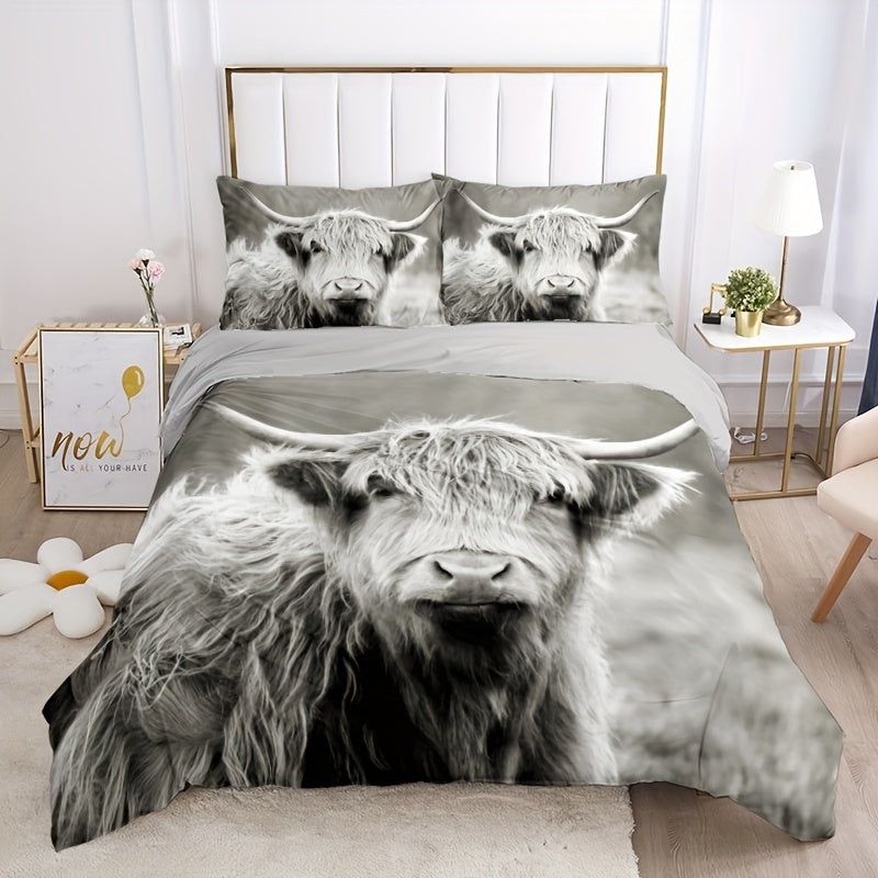 3pcs Stylish Countryside Highland Cow High-Definition Digital Printed bedding