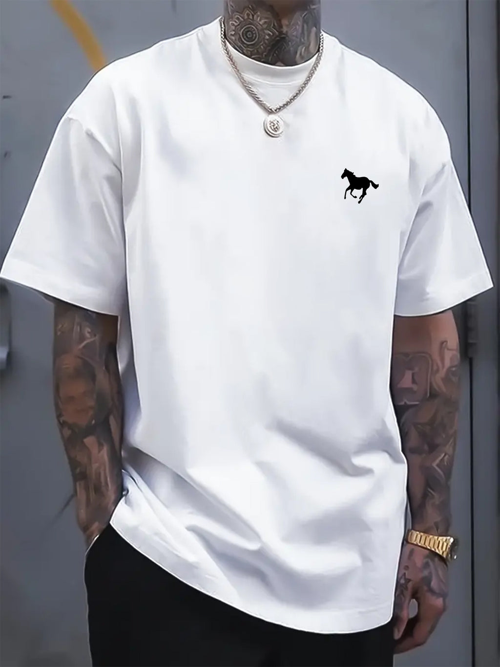 Classic Cotton Crew Neck T-Shirt - Soft, Breathable, Minimalist Horse Print, Comfortable Casual Wear for Everyday Activities