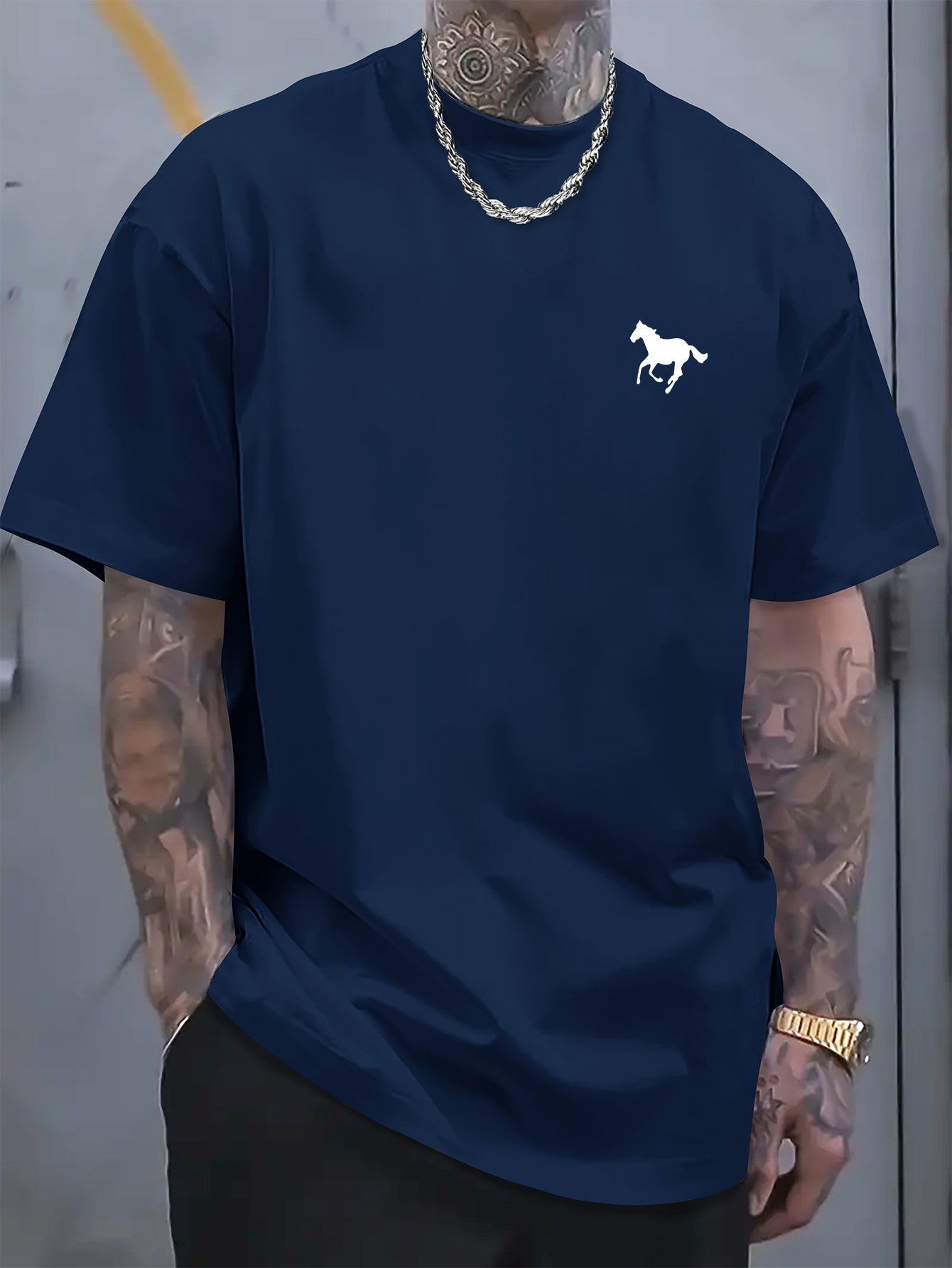 Classic Cotton Crew Neck T-Shirt - Soft, Breathable, Minimalist Horse Print, Comfortable Casual Wear for Everyday Activities