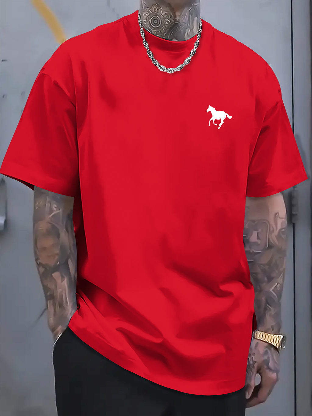 Classic Cotton Crew Neck T-Shirt - Soft, Breathable, Minimalist Horse Print, Comfortable Casual Wear for Everyday Activities