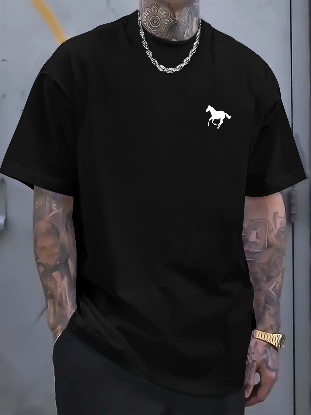 Classic Cotton Crew Neck T-Shirt - Soft, Breathable, Minimalist Horse Print, Comfortable Casual Wear for Everyday Activities