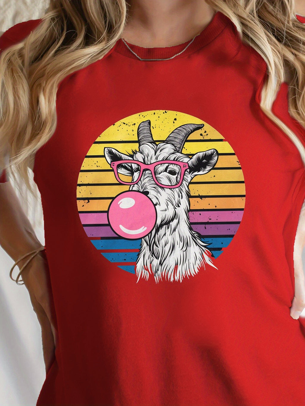 Goat Wearing Pink Glasses Print T-shirt, Short Sleeve Crew Neck Leisure T-shirt For Spring & Summer, Women's Clothing