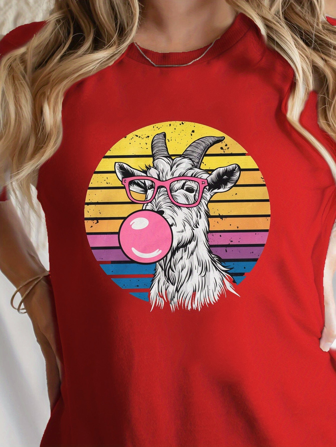 Goat Wearing Pink Glasses Print T-shirt, Short Sleeve Crew Neck Leisure T-shirt For Spring & Summer, Women's Clothing