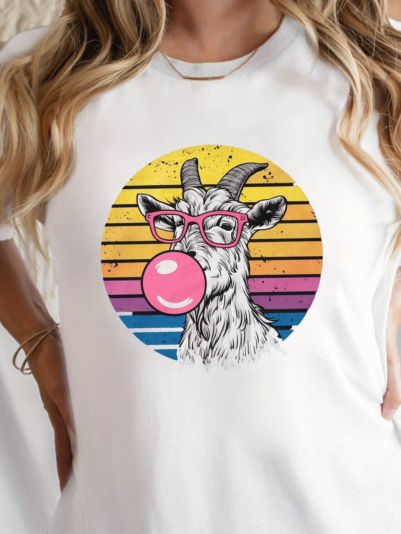 Goat Wearing Pink Glasses Print T-shirt, Short Sleeve Crew Neck Leisure T-shirt For Spring & Summer, Women's Clothing