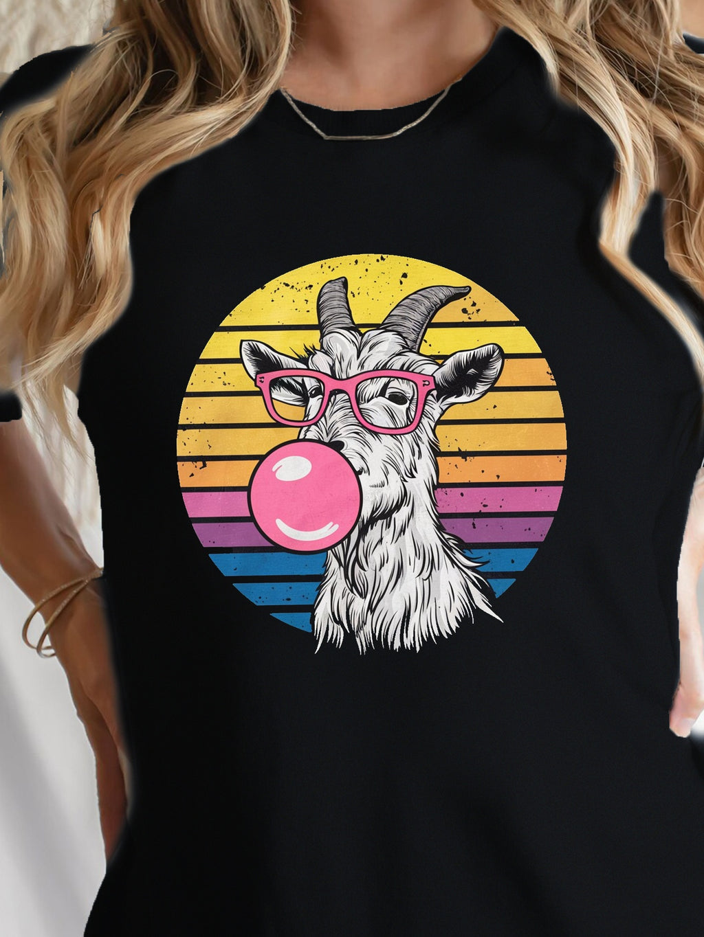 Goat Wearing Pink Glasses Print T-shirt, Short Sleeve Crew Neck Leisure T-shirt For Spring & Summer, Women's Clothing