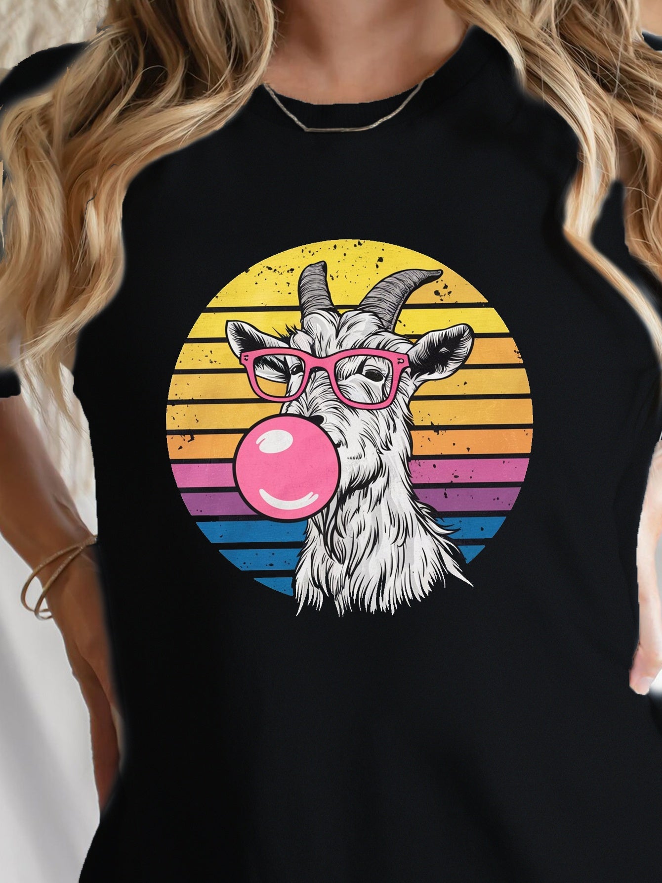 Goat Wearing Pink Glasses Print T-shirt, Short Sleeve Crew Neck Leisure T-shirt For Spring & Summer, Women's Clothing