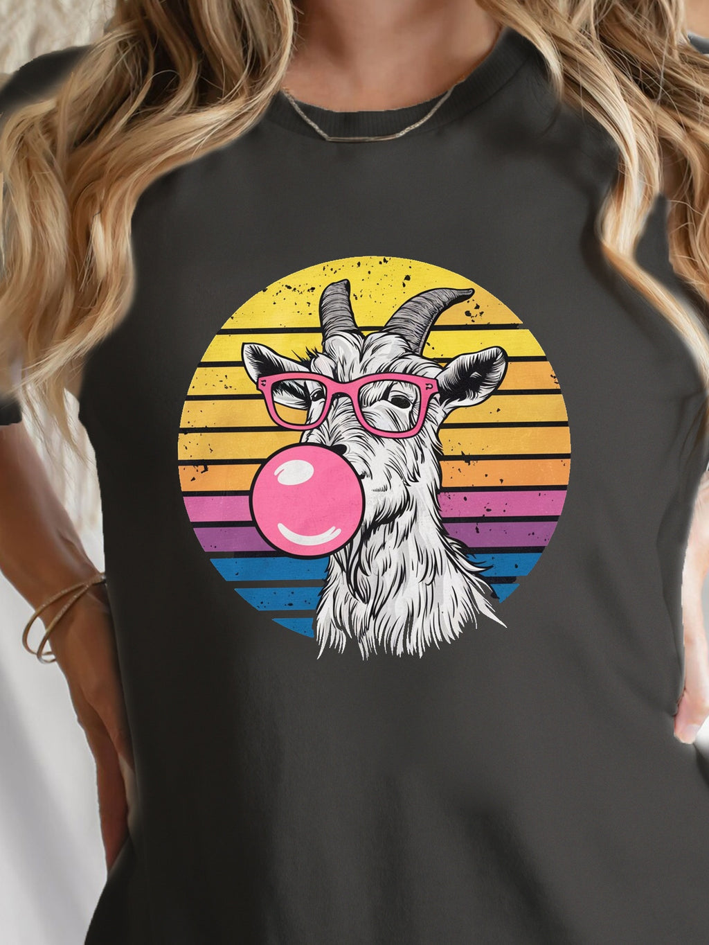 Goat Wearing Pink Glasses Print T-shirt, Short Sleeve Crew Neck Leisure T-shirt For Spring & Summer, Women's Clothing