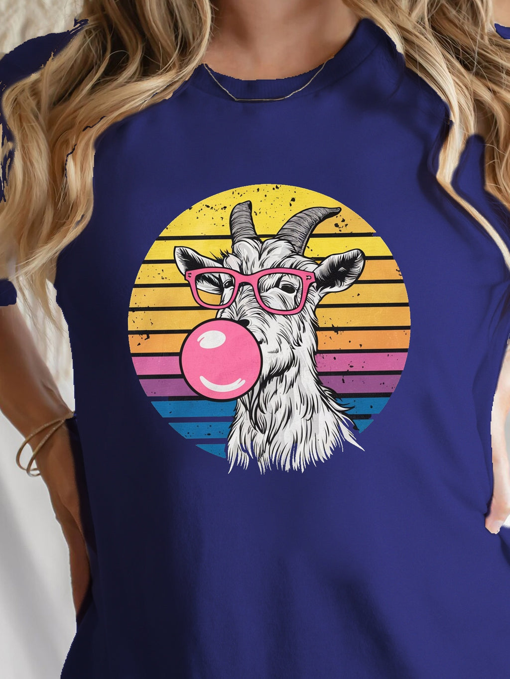 Goat Wearing Pink Glasses Print T-shirt, Short Sleeve Crew Neck Leisure T-shirt For Spring & Summer, Women's Clothing