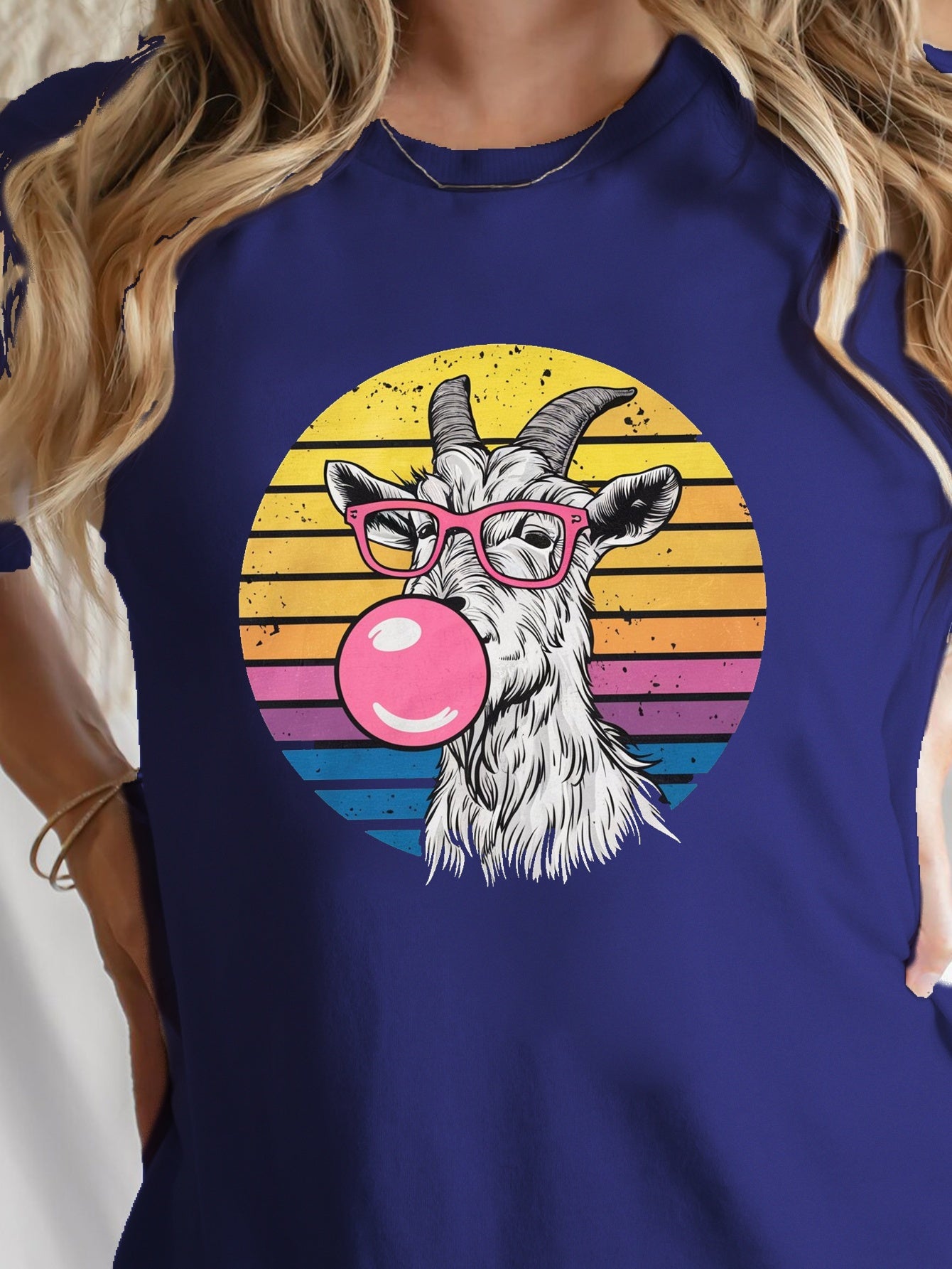 Goat Wearing Pink Glasses Print T-shirt, Short Sleeve Crew Neck Leisure T-shirt For Spring & Summer, Women's Clothing