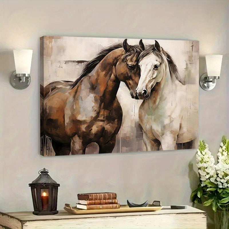 1pc Romantic Framed Retro Horse Canvas Wall Art - Vibrant Rural Horse Poster Print with Rich Colors and Textures - Perfect for Sweet Couple's Bedroom Decor, Animal Lovers, and Horse Enthusiasts