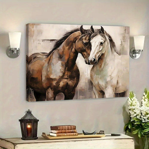1pc Romantic Framed Retro Horse Canvas Wall Art - Vibrant Rural Horse Poster Print with Rich Colors and Textures - Perfect for Sweet Couple's Bedroom Decor, Animal Lovers, and Horse Enthusiasts