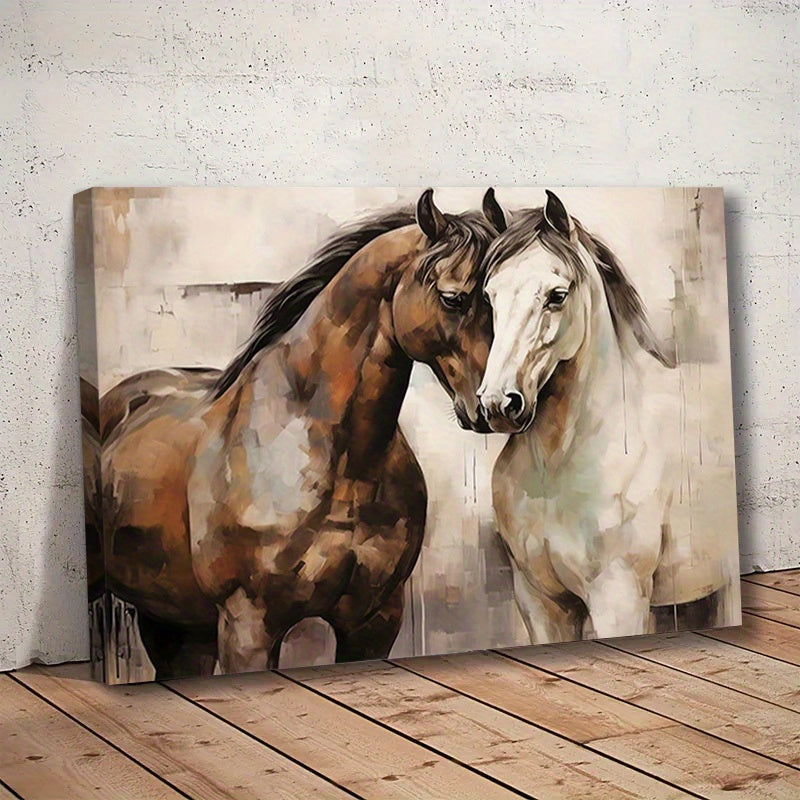 1pc Romantic Framed Retro Horse Canvas Wall Art - Vibrant Rural Horse Poster Print with Rich Colors and Textures - Perfect for Sweet Couple's Bedroom Decor, Animal Lovers, and Horse Enthusiasts