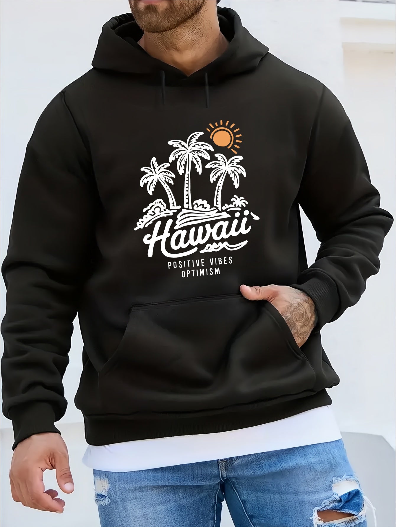 Men'S Casual Long Sleeve Hoodie, 100% Polyester Knit Fabric, Winter Warmth with "Hawaii Positive Vibes Optimism" Print, Regular Fit with Slight Stretch, 200gsm - Fashionable Gift for Men