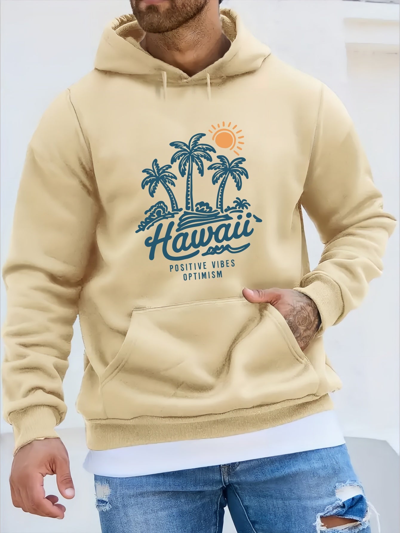 Men'S Casual Long Sleeve Hoodie, 100% Polyester Knit Fabric, Winter Warmth with "Hawaii Positive Vibes Optimism" Print, Regular Fit with Slight Stretch, 200gsm - Fashionable Gift for Men