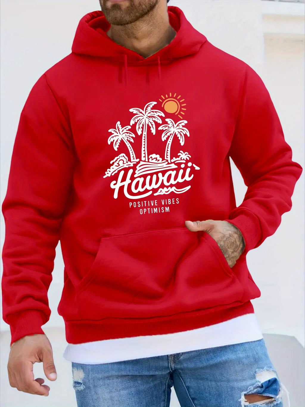 Men'S Casual Long Sleeve Hoodie, 100% Polyester Knit Fabric, Winter Warmth with "Hawaii Positive Vibes Optimism" Print, Regular Fit with Slight Stretch, 200gsm - Fashionable Gift for Men