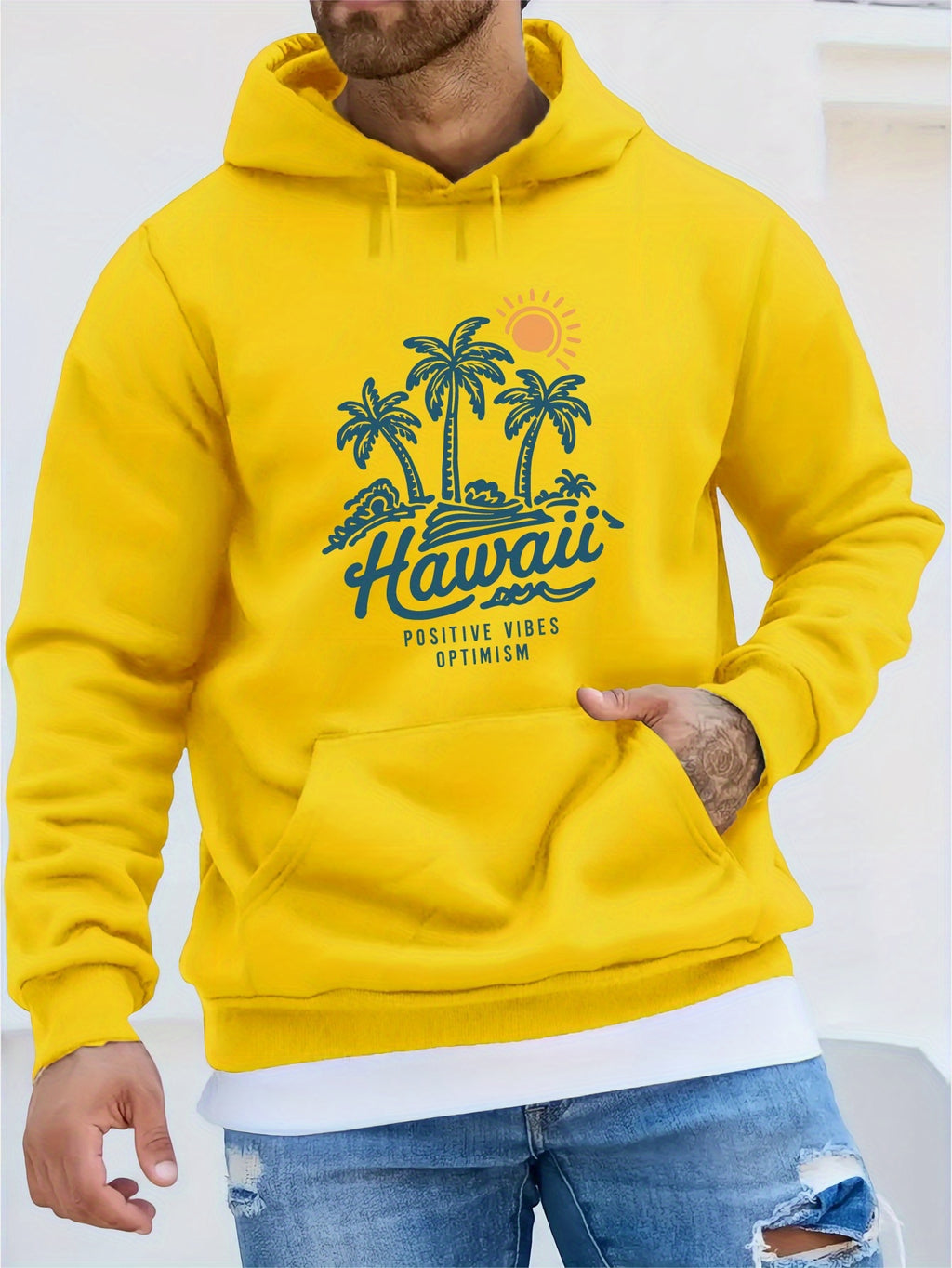 Men'S Casual Long Sleeve Hoodie, 100% Polyester Knit Fabric, Winter Warmth with "Hawaii Positive Vibes Optimism" Print, Regular Fit with Slight Stretch, 200gsm - Fashionable Gift for Men