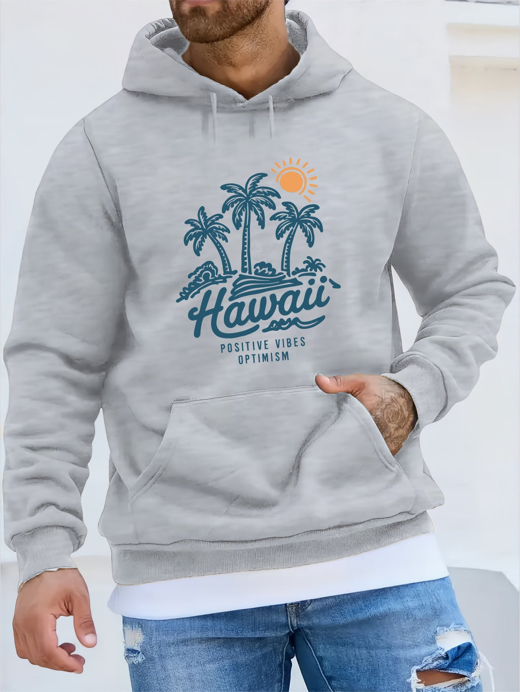 Men'S Casual Long Sleeve Hoodie, 100% Polyester Knit Fabric, Winter Warmth with "Hawaii Positive Vibes Optimism" Print, Regular Fit with Slight Stretch, 200gsm - Fashionable Gift for Men