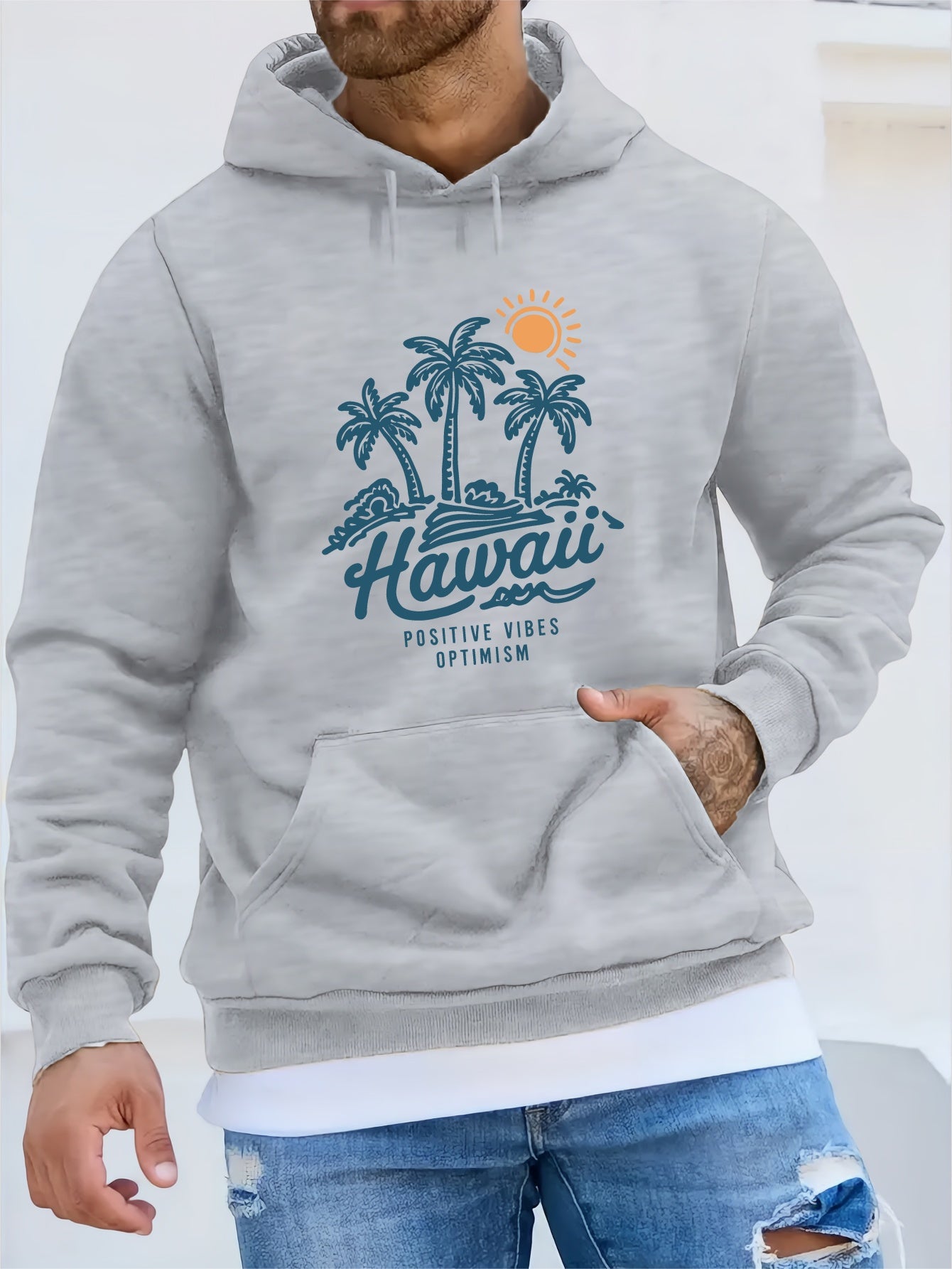 Men'S Casual Long Sleeve Hoodie, 100% Polyester Knit Fabric, Winter Warmth with "Hawaii Positive Vibes Optimism" Print, Regular Fit with Slight Stretch, 200gsm - Fashionable Gift for Men