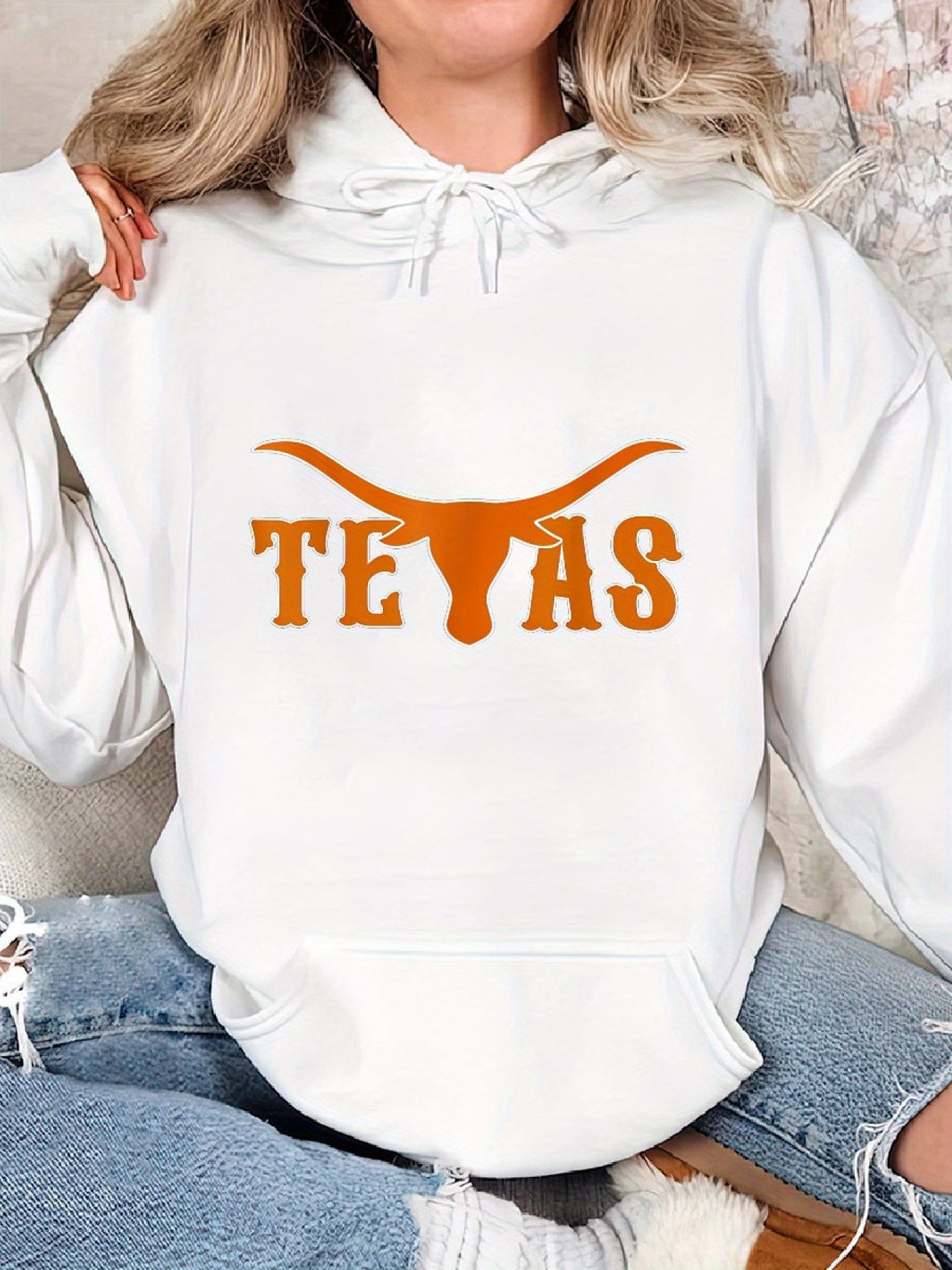 Long Sleeve Classic Print Pullover Hoodie, Texas USA Austin Pride Bull American Cozy Casual For Sports